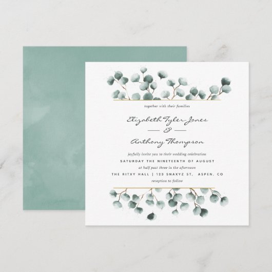 Waterverf Eucalyptus Geometric Wedding Uitnodiging (Voorkant / Achterkant)