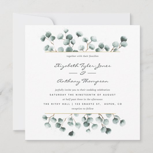 Waterverf Eucalyptus Geometric Wedding Uitnodiging (Voorkant)