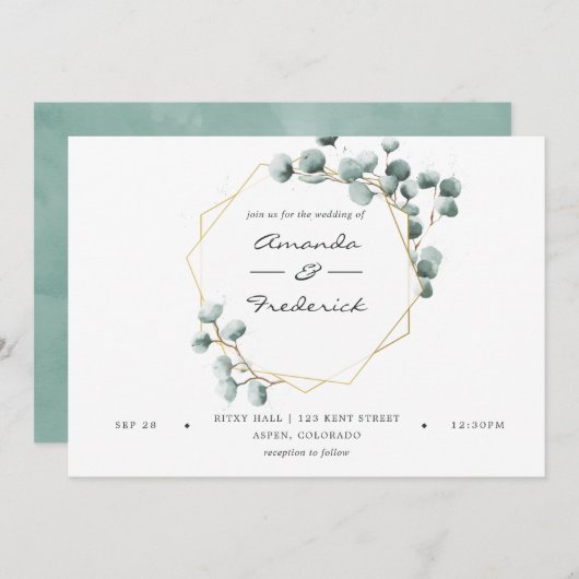 Waterverf Eucalyptus Geometric Wedding Uitnodiging (Voorkant / Achterkant)