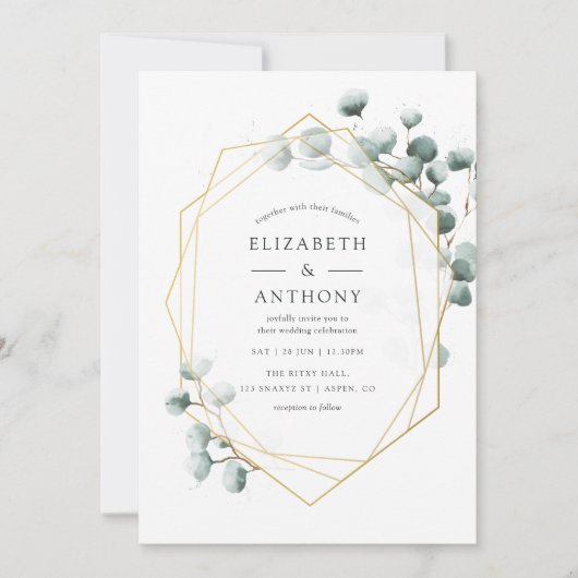 Waterverf Eucalyptus Geometric Wedding Uitnodiging (Voorkant)