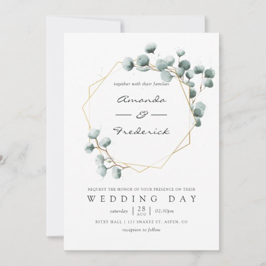 Waterverf Eucalyptus Geometric Wedding Uitnodiging (Voorkant)