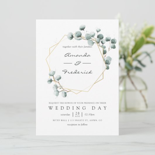Waterverf Eucalyptus Geometric Wedding Uitnodiging (Staand voorkant)