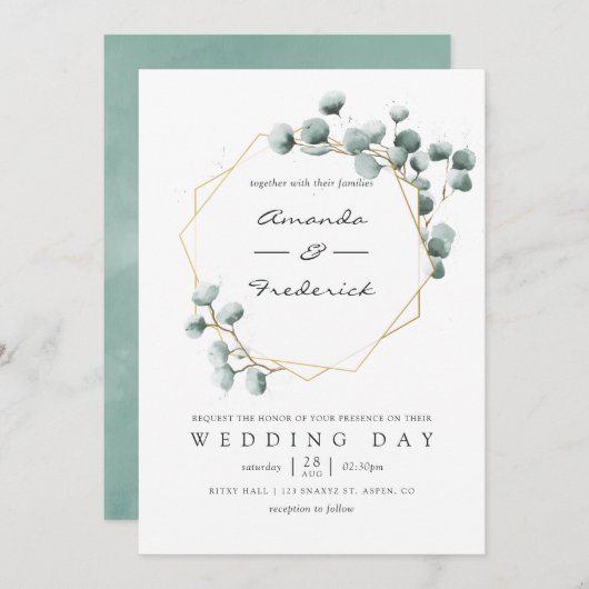 Waterverf Eucalyptus Geometric Wedding Uitnodiging (Voorkant / Achterkant)