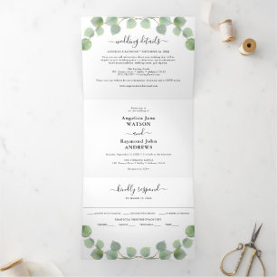 Waterverf Eucalyptus & Gold Classic Wedding Drieluik Uitnodiging