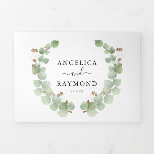 Waterverf Eucalyptus & Gold Classic Wedding Drieluik Uitnodiging (Cover)