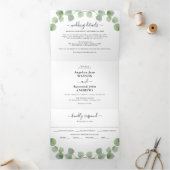 Waterverf Eucalyptus & Gold Classic Wedding Drieluik Uitnodiging (Binnen)