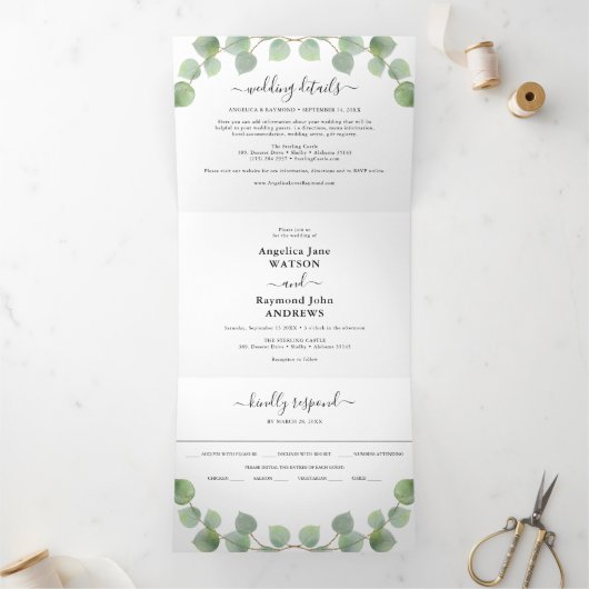 Waterverf Eucalyptus & Gold Classic Wedding Drieluik Uitnodiging (Binnen)