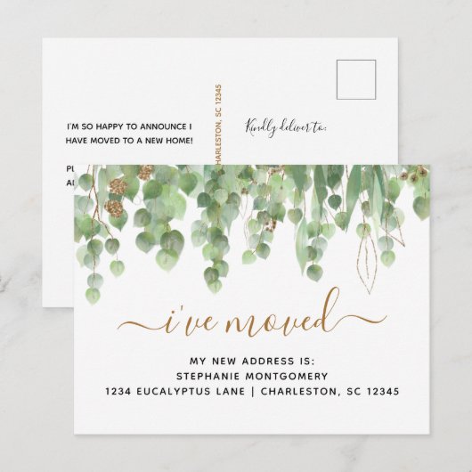 Waterverf Eucalyptus Gold Foil Moving Aankondigingskaart (Voorkant / Achterkant)