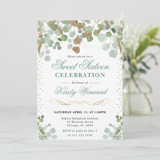 Waterverf Eucalyptus Gold Glitter Sweet 16 Kaart (Staand voorkant)