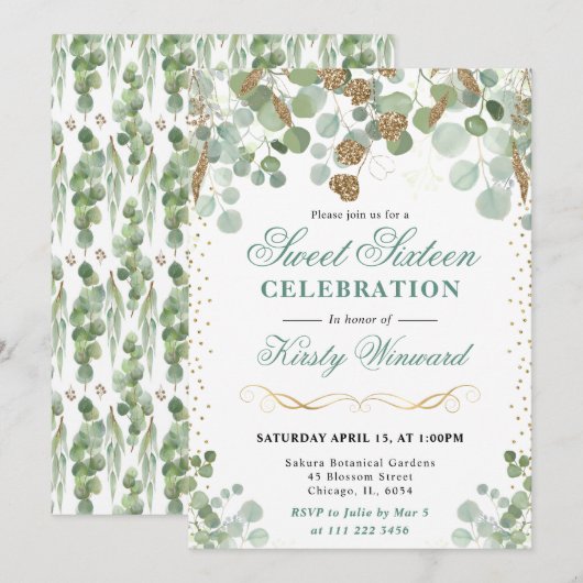 Waterverf Eucalyptus Gold Glitter Sweet 16 Kaart (Voorkant / Achterkant)