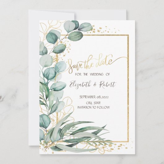 Waterverf Eucalyptus Gold Lijst Sla de datum op Save The Date (Voorkant)