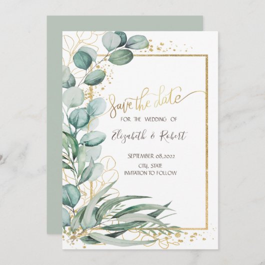 Waterverf Eucalyptus Gold Lijst Sla de datum op Save The Date (Voorkant / Achterkant)