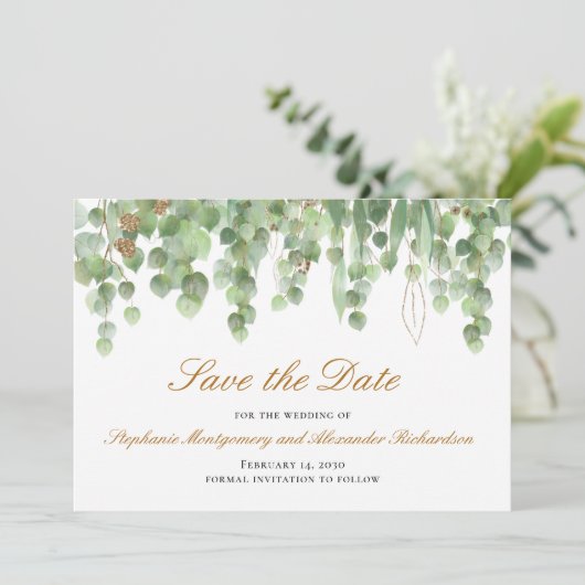 Waterverf Eucalyptus Gold Opslagdatum bruiloft Aankondiging (Staand voorkant)