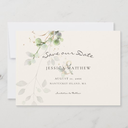 Waterverf Eucalyptus | Gold Wedding Ecru Save The Date (Voorkant)