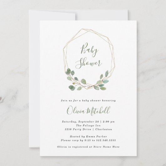 Waterverf eucalyptus | Goud geometrisch Baby showe Kaart (Voorkant)