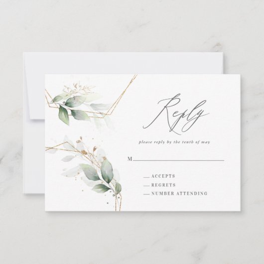 Waterverf eucalyptus goud geometrische trouwreacti RSVP kaartje (Voorkant)