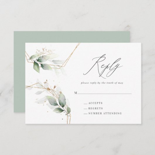 Waterverf eucalyptus goud geometrische trouwreacti RSVP kaartje (Voorkant / Achterkant)