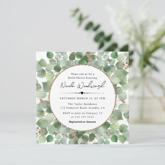 Waterverf Eucalyptus gouden glitters Bruidsdouche Kaart (Staand voorkant)