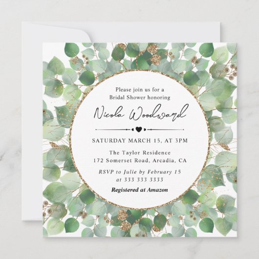 Waterverf Eucalyptus gouden glitters Bruiloftsborr Kaart (Voorkant)