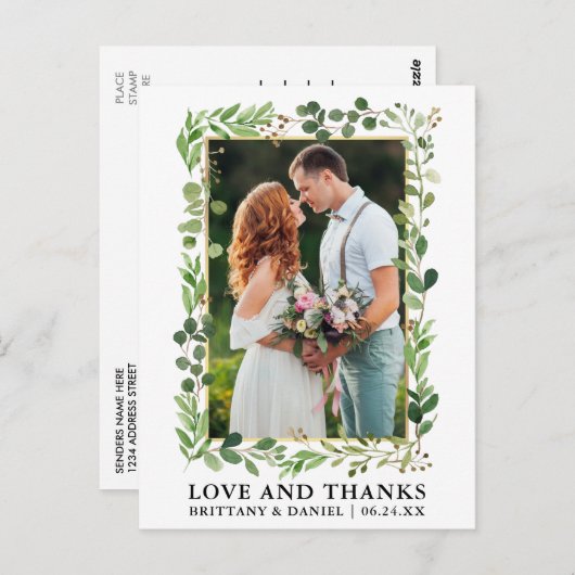 Waterverf Eucalyptus Gouden Trouwliefde Dank Briefkaart (Voorkant / Achterkant)