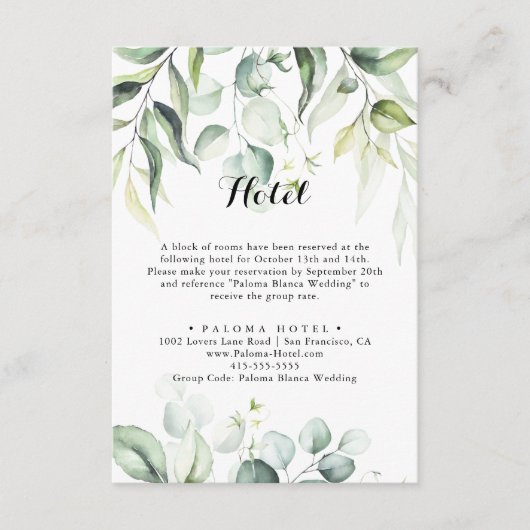 Waterverf Eucalyptus Green Calligraphy Hotel Informatiekaartje (Voorkant)