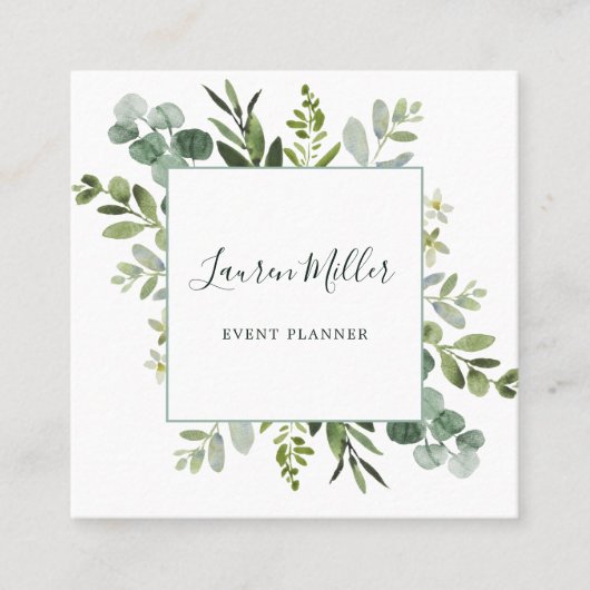 Waterverf Eucalyptus Green Foliage Vierkante Visitekaartje (Voorkant)