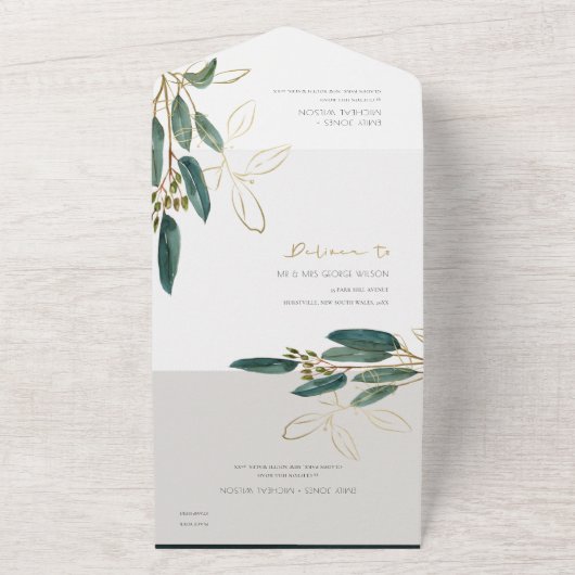 WATERVERF EUCALYPTUS GREEN GOLD FOLIAGE WEDING A ALL IN ONE UITNODIGING (Buitenkant)
