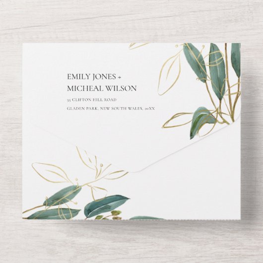 WATERVERF EUCALYPTUS GREEN GOLD FOLIAGE WEDING A ALL IN ONE UITNODIGING (Achterkant)