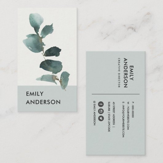 WATERVERF EUCALYPTUS GREEN GRAY FOLIAGE BRANCH VISITEKAARTJE (Voorkant / Achterkant)