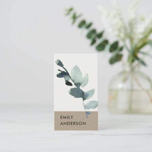 WATERVERF EUCALYPTUS GREEN KRAFT FOLIAGE BRANCH VISITEKAARTJE (Staand voorkant)
