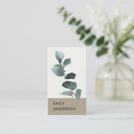 WATERVERF EUCALYPTUS GREEN KRAFT FOLIAGE BRANCH VISITEKAARTJE (Staand voorkant)