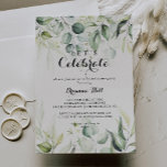 Waterverf Eucalyptus Green Laten we vieren Kaart<br><div class="desc">Deze waterverf eucalyptus green laat ons feestelijke feestelijke uitnodiging vieren is perfect voor een feestelijke verlovingspartij,  een vrijgezellenfeest,  een pensionering,  een afstuderen,  een bruiloft na een feestje of een evenement of feest. Dit artistieke ontwerp kenmerkt handgetekende,  waterverf eucalyptusgroene bladeren,  die de natuurlijke schoonheid inspireren.</div>