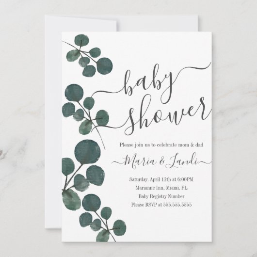 Waterverf Eucalyptus Green Script Baby shower Kaart (Voorkant)