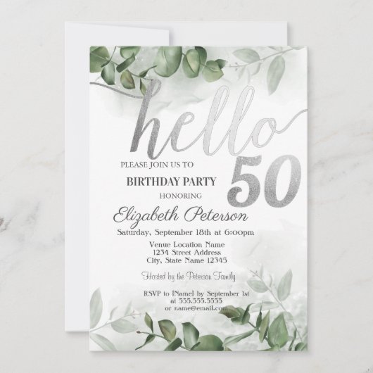 Waterverf Eucalyptus Greener 50th Birthday Party Kaart (Voorkant)