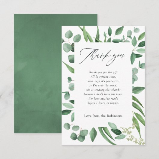 Waterverf Eucalyptus Greenery Baby shower Bedankkaart (Voorkant / Achterkant)