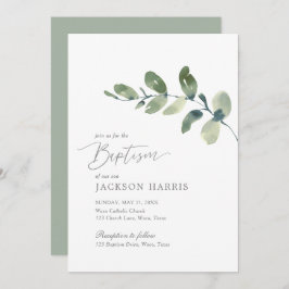 Waterverf Eucalyptus Greenery Baptism Invitation Kaart