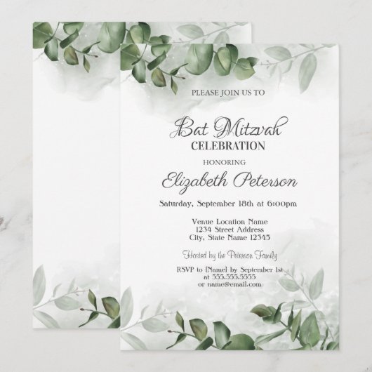 Waterverf Eucalyptus Greenery Bar Mitzvah Kaart (Voorkant / Achterkant)