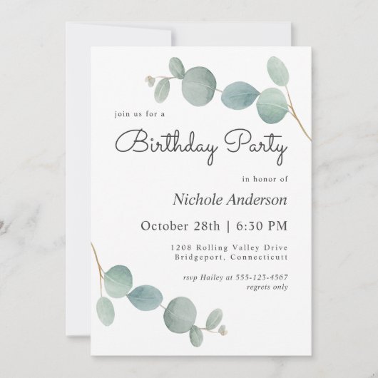 Waterverf Eucalyptus Greenery Birthday Party Kaart (Voorkant)