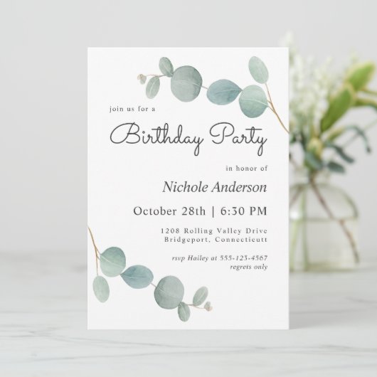 Waterverf Eucalyptus Greenery Birthday Party Kaart (Staand voorkant)