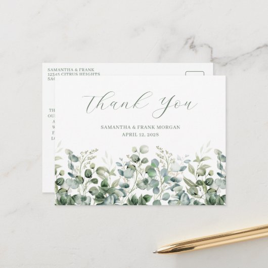 Waterverf Eucalyptus Greenery Border Wedding Briefkaart (Voorkant / Achterkant in situ)