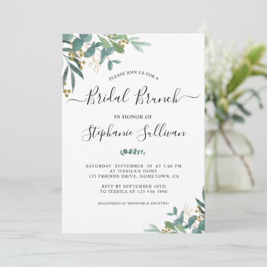 Waterverf Eucalyptus Greenery Bridal Brunch Kaart (Staand voorkant)