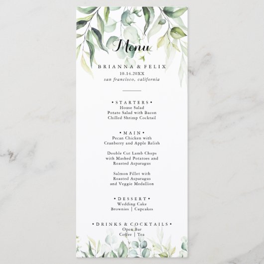 Waterverf Eucalyptus Greenery Dinner Menu (Voorkant)