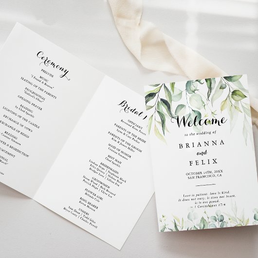 Waterverf Eucalyptus Greenery Folded Wedding Programma