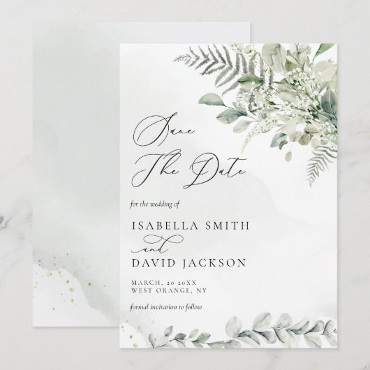 Waterverf Eucalyptus Greenery Foliage Sage Green Save The Date (Voorkant / Achterkant)