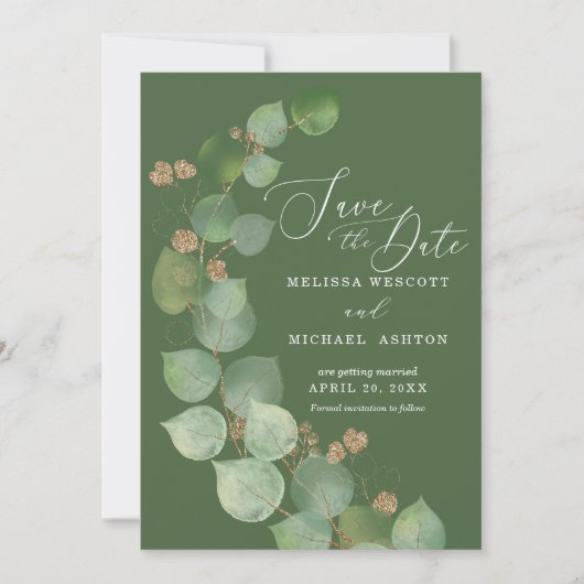 Waterverf Eucalyptus Greenery Gold Accent Modern Save The Date (Voorkant)