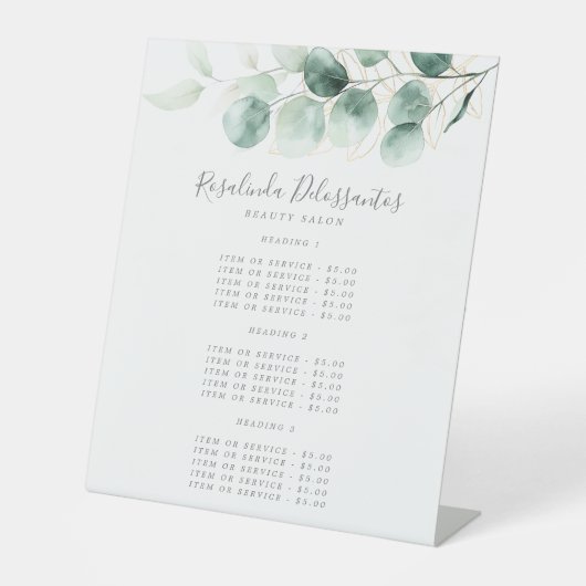 Waterverf Eucalyptus Greenery Gold Foliage Prijs Reclamebord Met Voetstuk (Voorkant)