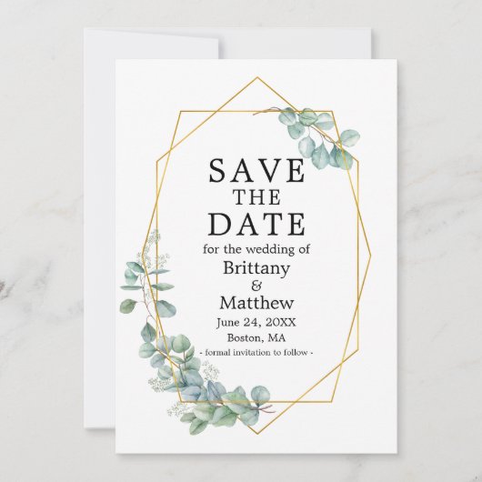 Waterverf Eucalyptus Greenery Gold Geo Lijst Save The Date (Voorkant)