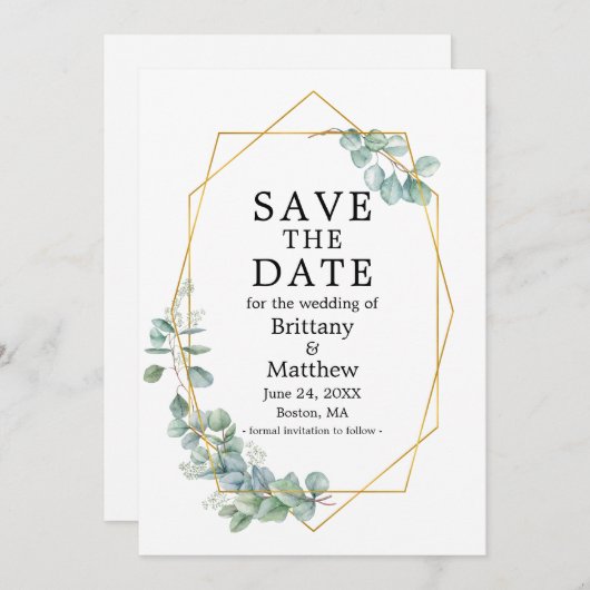 Waterverf Eucalyptus Greenery Gold Geo Lijst Save The Date (Voorkant / Achterkant)