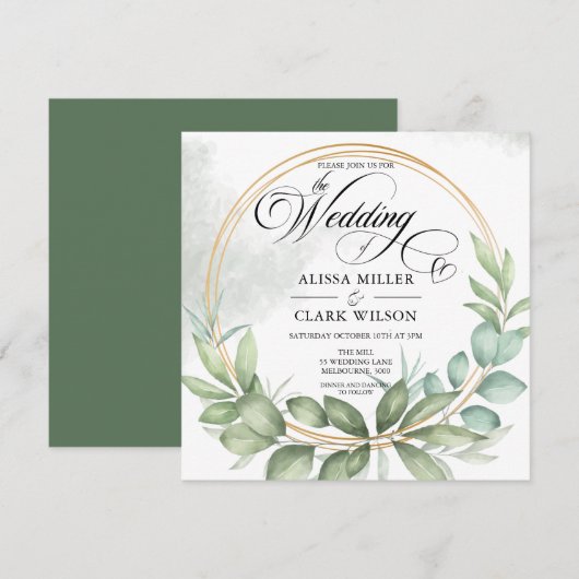 Waterverf Eucalyptus Greenery Gold Lijst Wedding Kaart (Voorkant / Achterkant)