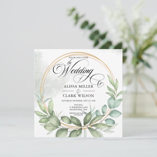 Waterverf Eucalyptus Greenery Gold Lijst Wedding Kaart (Staand voorkant)